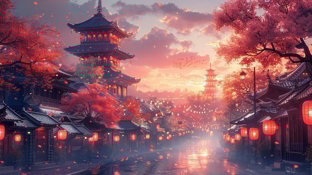 A street scene with vibrant Lunar New Year decorations and lanterns. photo