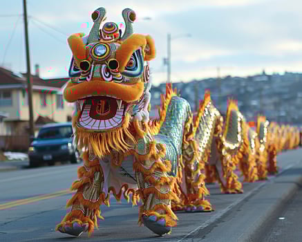 A traditional Lunar New Year parade with dragon and lion dancers photo