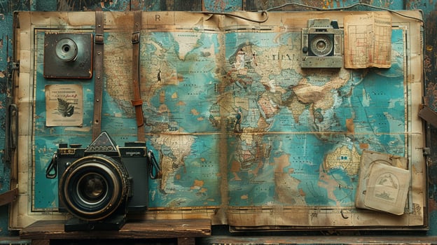 A travel collage with adventure photos and vintage map designs.