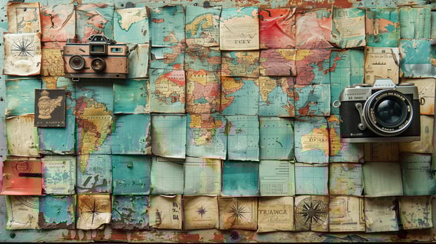 A travel collage with adventure photos and vintage map designs.