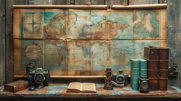 A travel collage with adventure photos and vintage map designs.