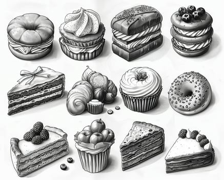 An outline drawing of a variety of baked goods. photo