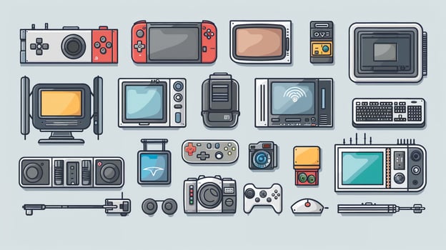 An outline drawing of a variety of electronic devices. photo