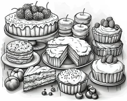 An outline drawing of a variety of baked goods. photo