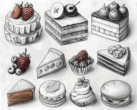 An outline drawing of a variety of fruits and vegetables. photo
