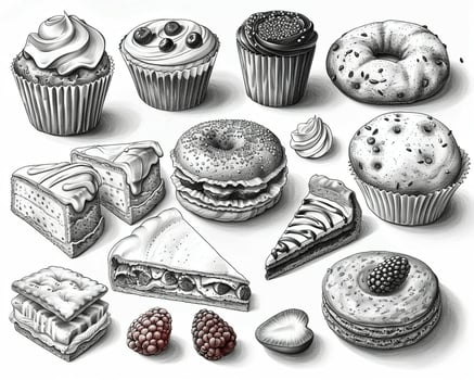 An outline drawing of a variety of baked goods. photo