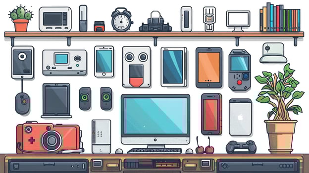 An outline drawing of a variety of electronic devices. photo
