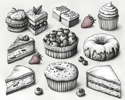 An outline drawing of a variety of baked goods. photo