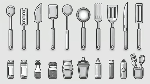 An outline drawing of various kitchen utensils illustration photo