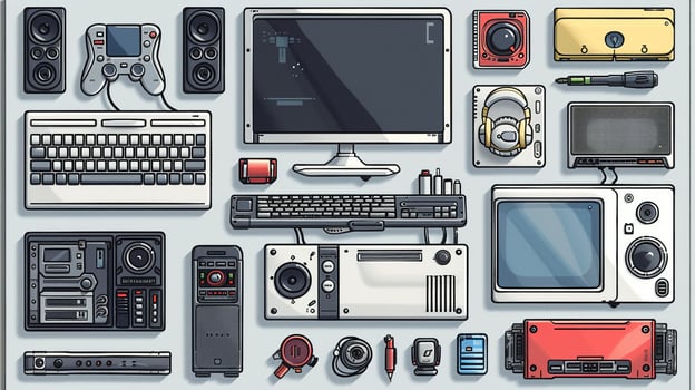 An outline drawing of a variety of electronic devices. photo