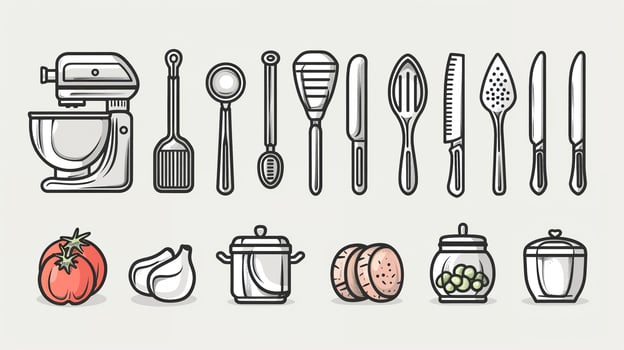 An outline drawing of various kitchen utensils illustration photo