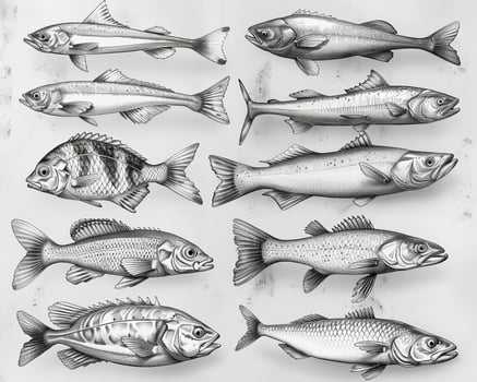 An outline illustration of various types of fish. photo