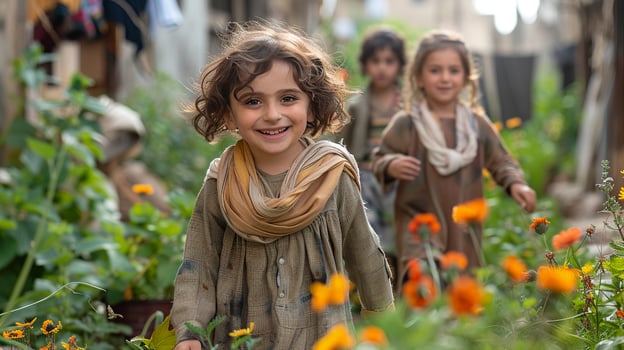 Children wearing new clothes for Eid al Adha playing in the yard photo