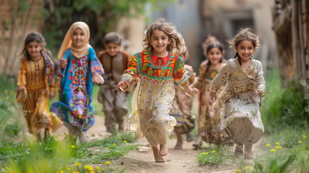 Children wearing new clothes for Eid al Adha playing in the yard photo