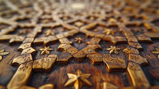 Detailed close-up of mosques geometric patterns and calligraphy. photo