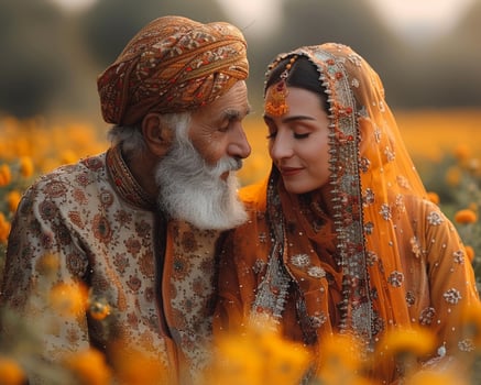 Elderly couple in traditional attire sitting together photo