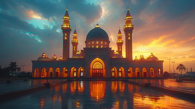 Exterior of a beautifully lit mosque at sunset wide-angle photo