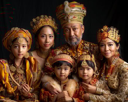 Family posing for a group photo in traditional attire wide-angle
