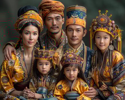 Family posing for a group photo in traditional attire wide-angle