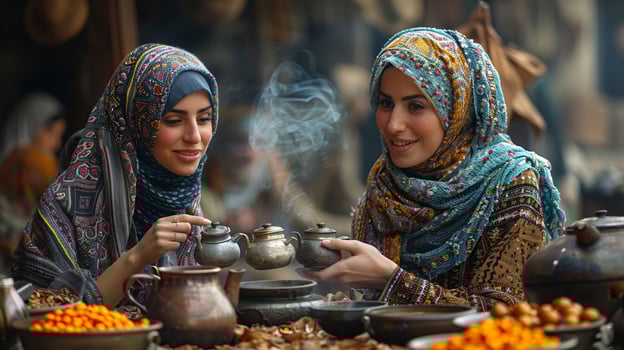 Group of friends having tea in a traditional setting medium shot photo