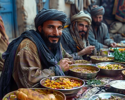 Group of friends having tea in a traditional setting medium shot photo