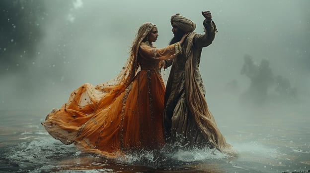 Man and woman performing traditional dance medium shot photo