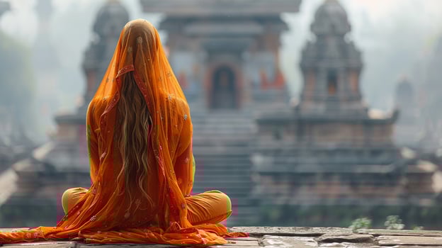 Woman praying at a cultural monument medium shot photo