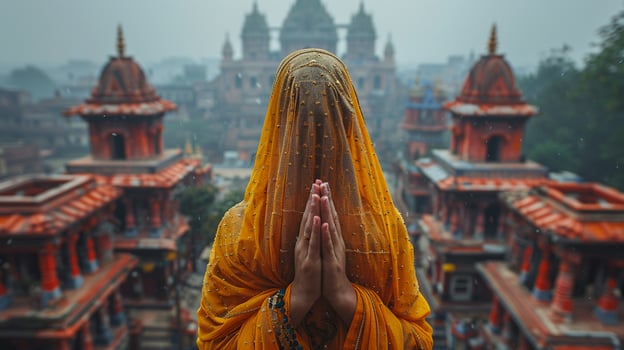 Woman praying at a cultural landmark medium shot photo