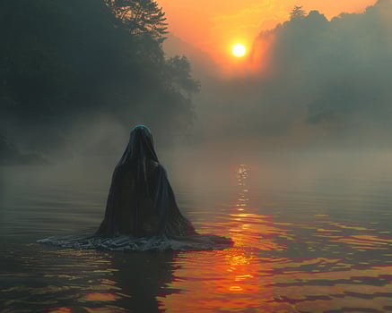 Woman praying by a riverbank at dawn medium shot photo