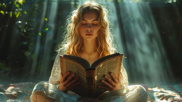 Woman reading from a holy book serene outdoor setting photo