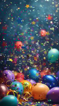 Lively party scene with balloons, confetti, and stars, ideal for celebrating special events photo