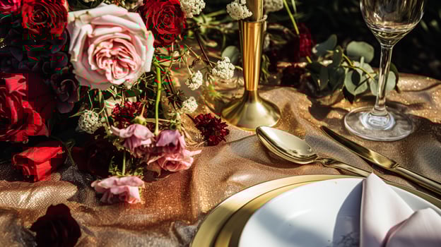 Wedding and event celebration tablescape with flowers, formal dinner table setting with roses and wine, elegant floral table decor for dinner party and holiday decoration, home styling photo