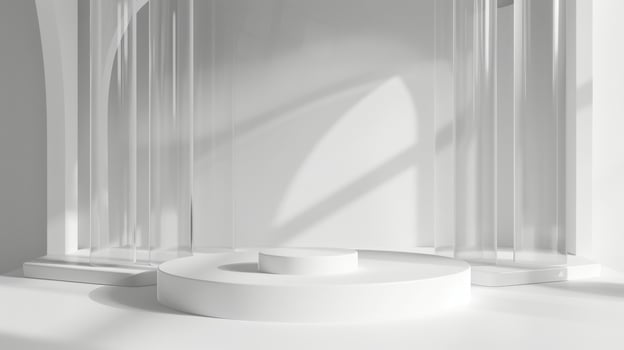 A sleek, minimalist circular stage is illuminated by sunlight streaming through a modern, white interior in the afternoon. photo