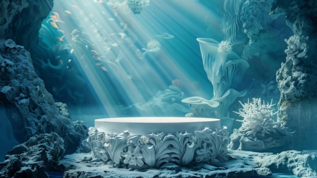 An ornate altar rests peacefully underwater, surrounded by vibrant coral reefs. Sunlight penetrates the ocean surface, casting ethereal rays on the seabed. photo