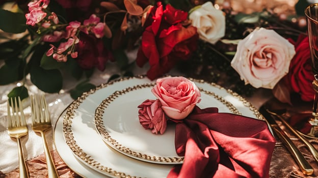 Wedding and event celebration tablescape with flowers, formal dinner table setting with roses and wine, elegant floral table decor for dinner party and holiday decoration, home styling photo