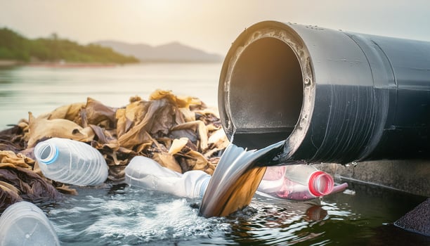 toxic water release into the river, industry pipe drain waste water into public water sources, garbage waster water pollution impact. photo