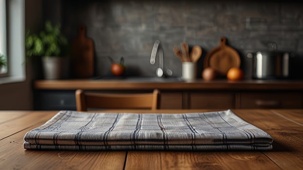 Wooden countertop with tablecloth on blurred modern kitchen interior background. Mock up with copy space. Template showcase scene for display, montage, advertising product photo