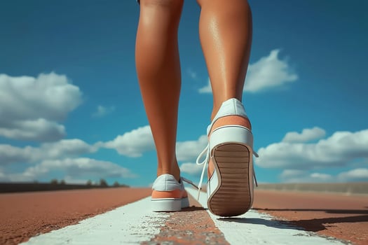 Slender female legs in sneakers. Close-up photo