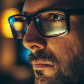Portrait of a man in glasses who focused his gaze, close-up photo