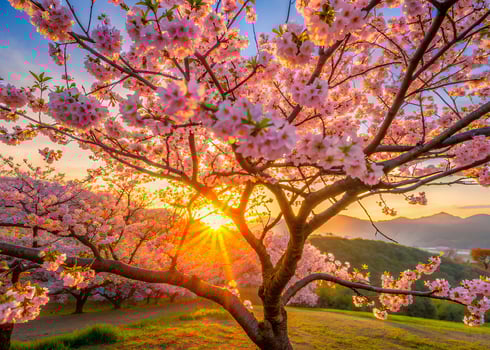 A Tung Blossom tree during sunset, the flowers illuminated by the golden hour light photo