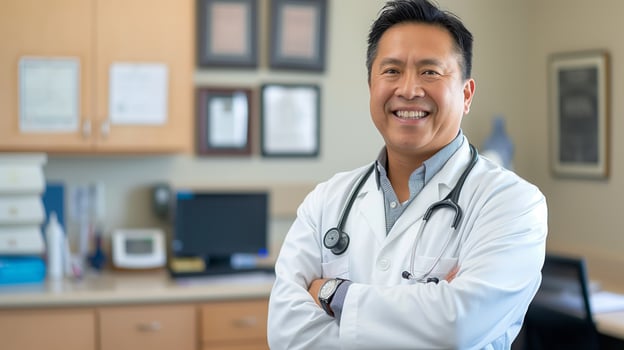 Confident Middle-Aged East Asian Male Doctor in Modern Medical Office, Healthcare Professional Portrait for Design, Print, Card, Poster photo