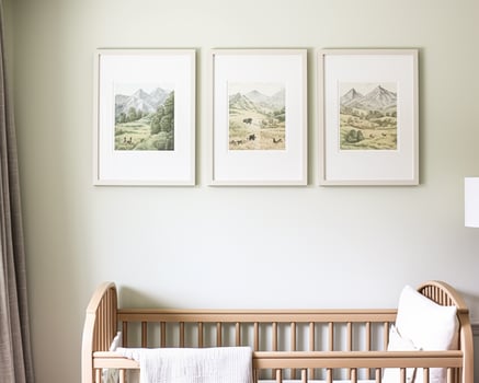 Nursery gallery wall, home decor and wall art, framed art in the English country cottage interior, room for diy printable artwork mockup and print shop photo