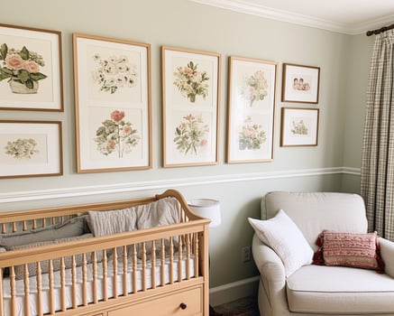 Nursery gallery wall, home decor and wall art, framed art in the English country cottage interior, room for diy printable artwork mockup and print shop photo