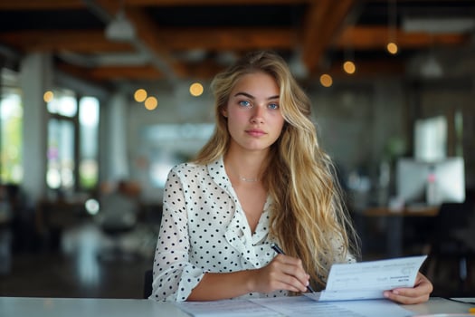 Young Woman Writing on Paper in Office photo