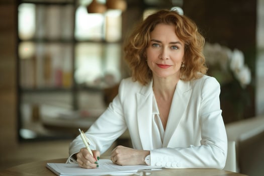Elegant Middle Aged Woman Writing at a Desk in a Modern Office photo