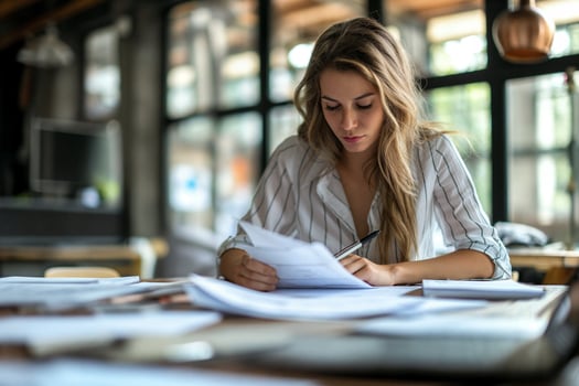 Young Woman Reviewing Documents at a Table photo