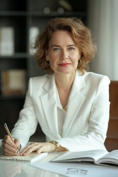 Elegant Middle Aged Woman Writing in Office photo