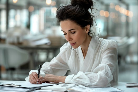 Stylish Woman Writing on Paper in Modern Office photo