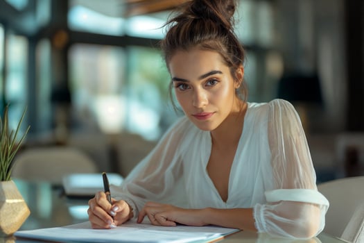 Young Woman Writing at Table in Modern Interior photo