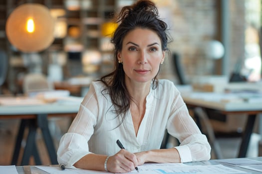 Woman Writing at Desk in Office photo